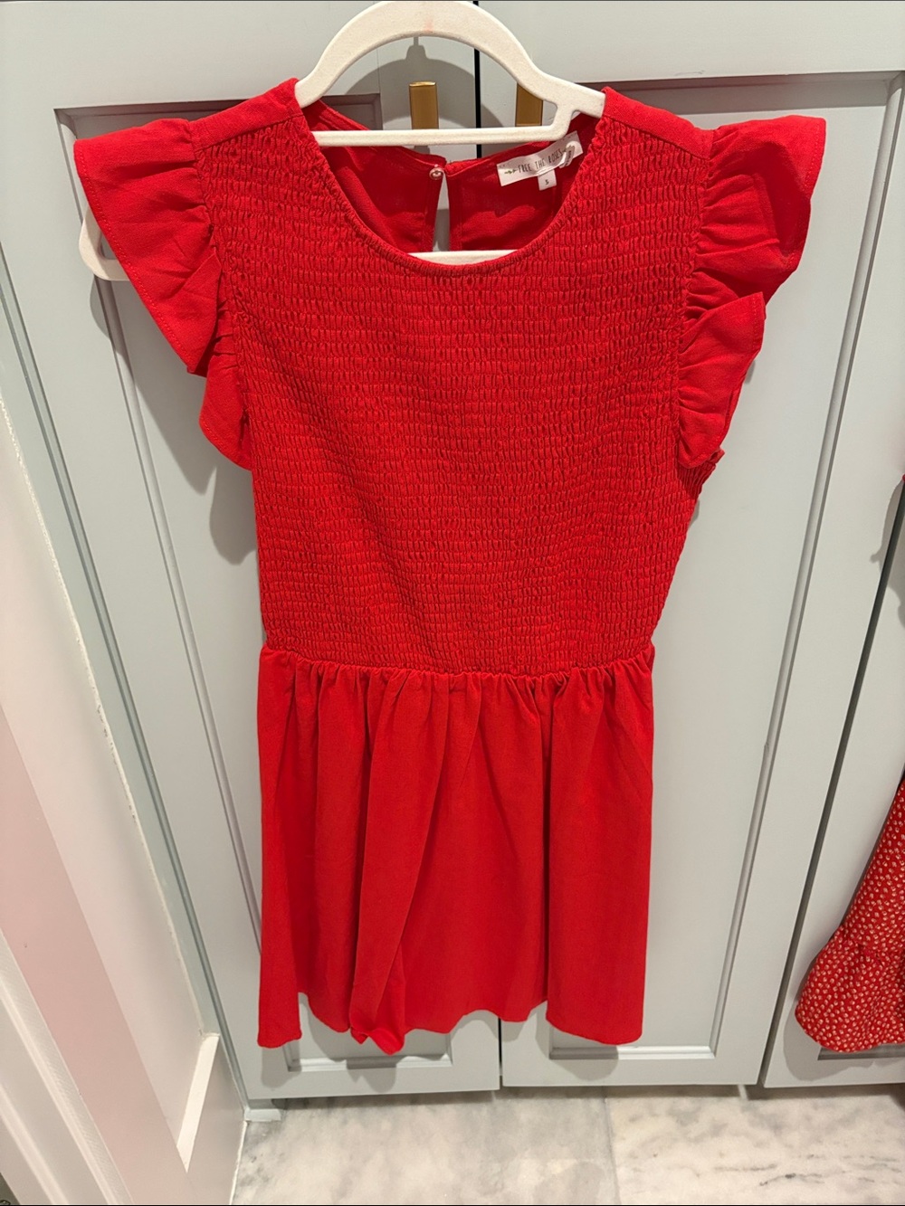 Girls' Red Smocked Ruffle Sleeve Mini Dress